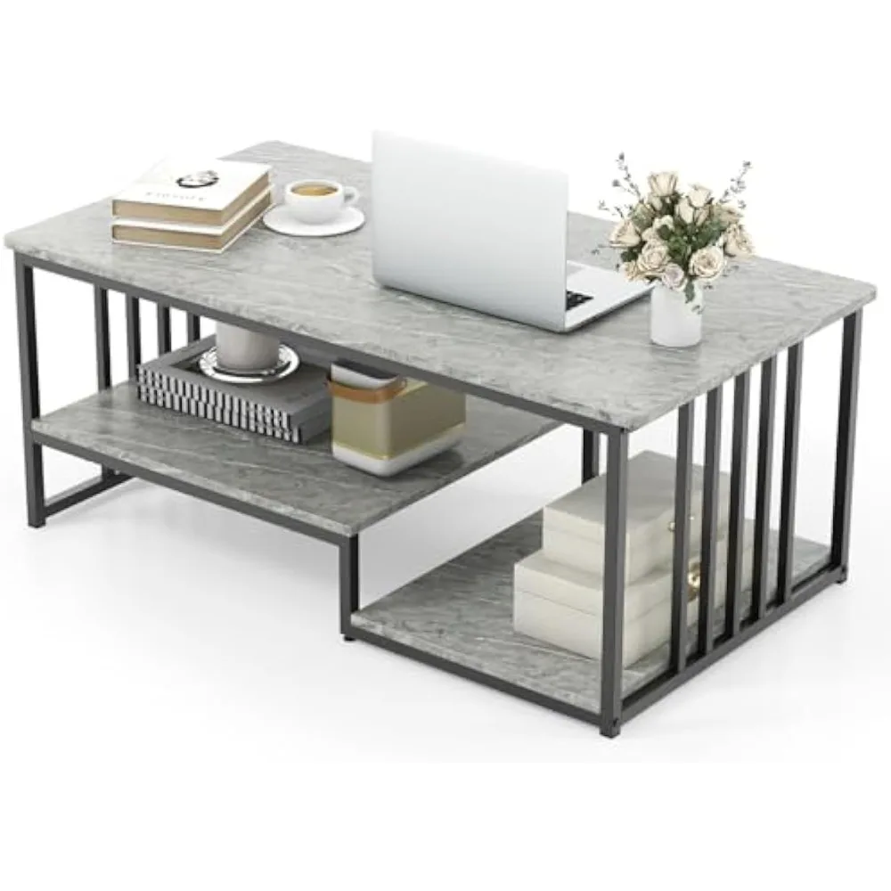 

Modern Coffee Table, 2-Tier Accent Center Table with Faux Marble Tabletop & Open Shelf, Rectangular Cocktail Table