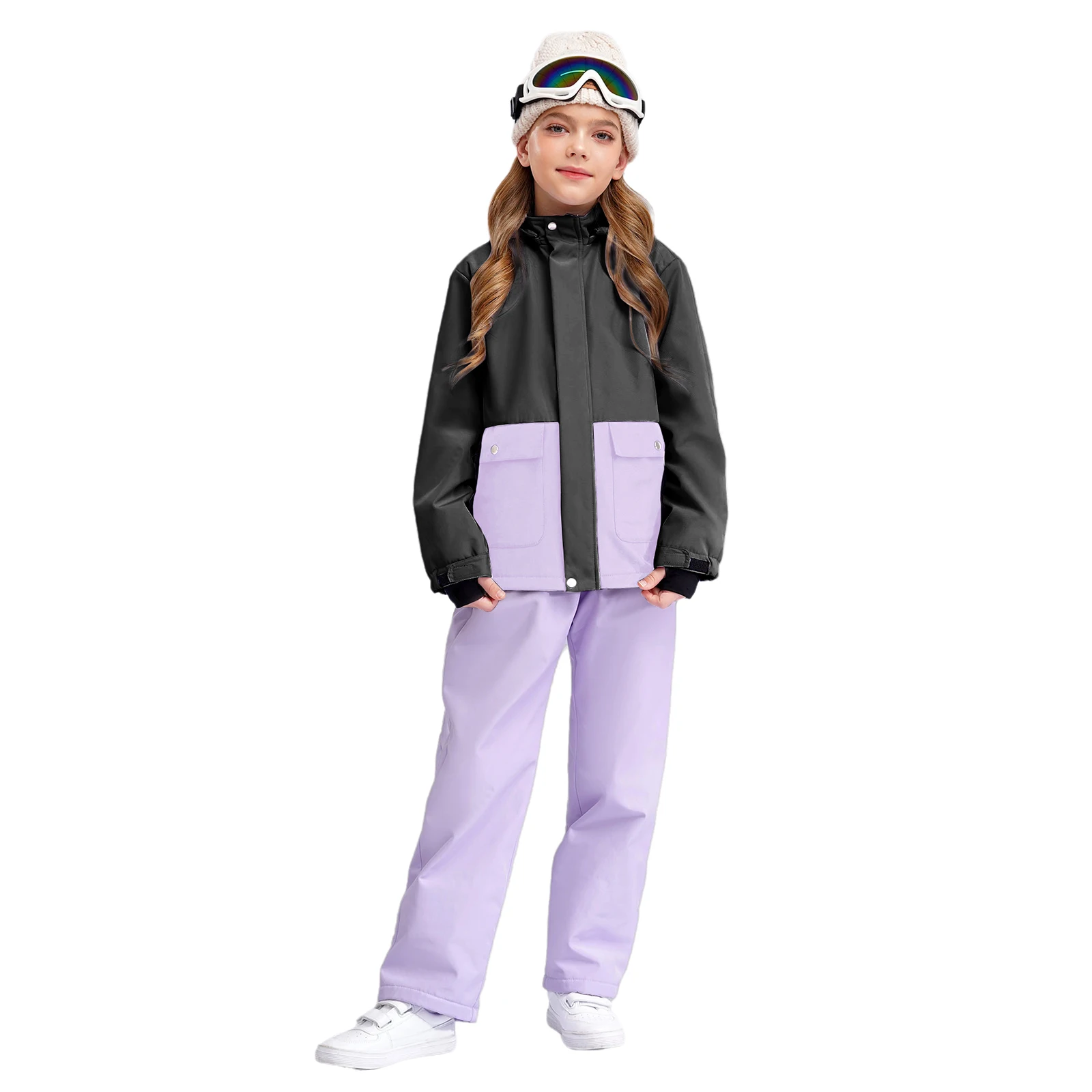 Kids Girls Ski Suit Long Sleeve Skiing Sets Jacket Hooded Coat with Pants for Outdoor Snow Sports Snowboarding Outfits Sportwear