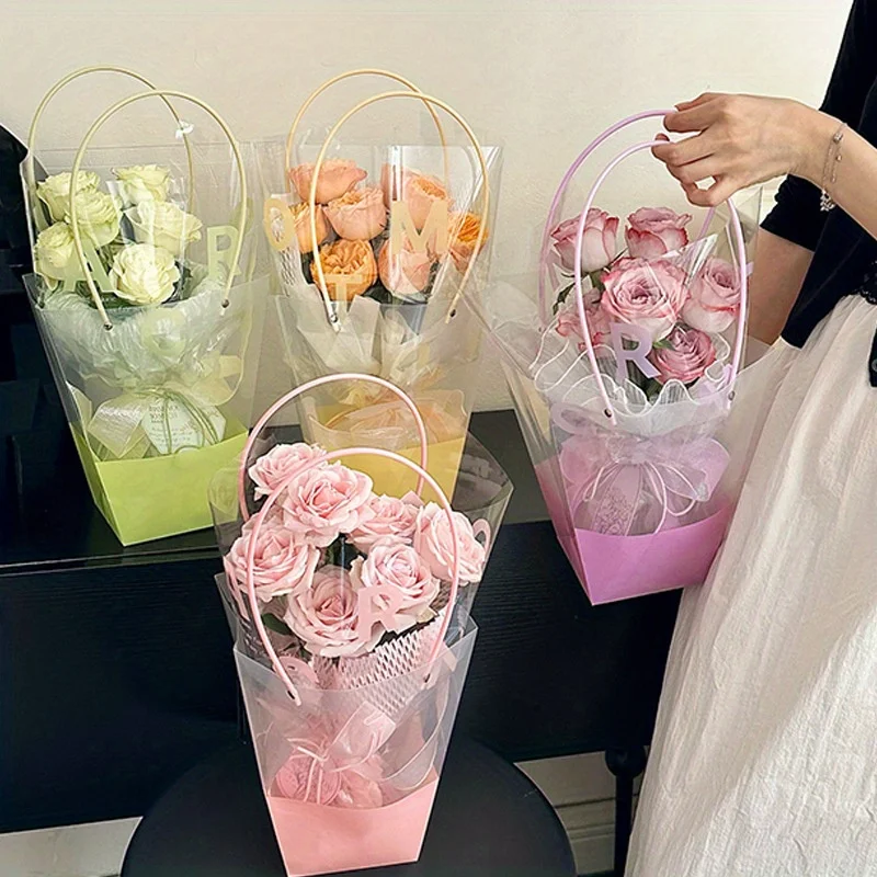 

30-Pack Transparent Trapezoid Gift Bags with Handles, PVC Flower Bouquet Arrangement Bags, Macaron-Inspired Flower Art Packaging