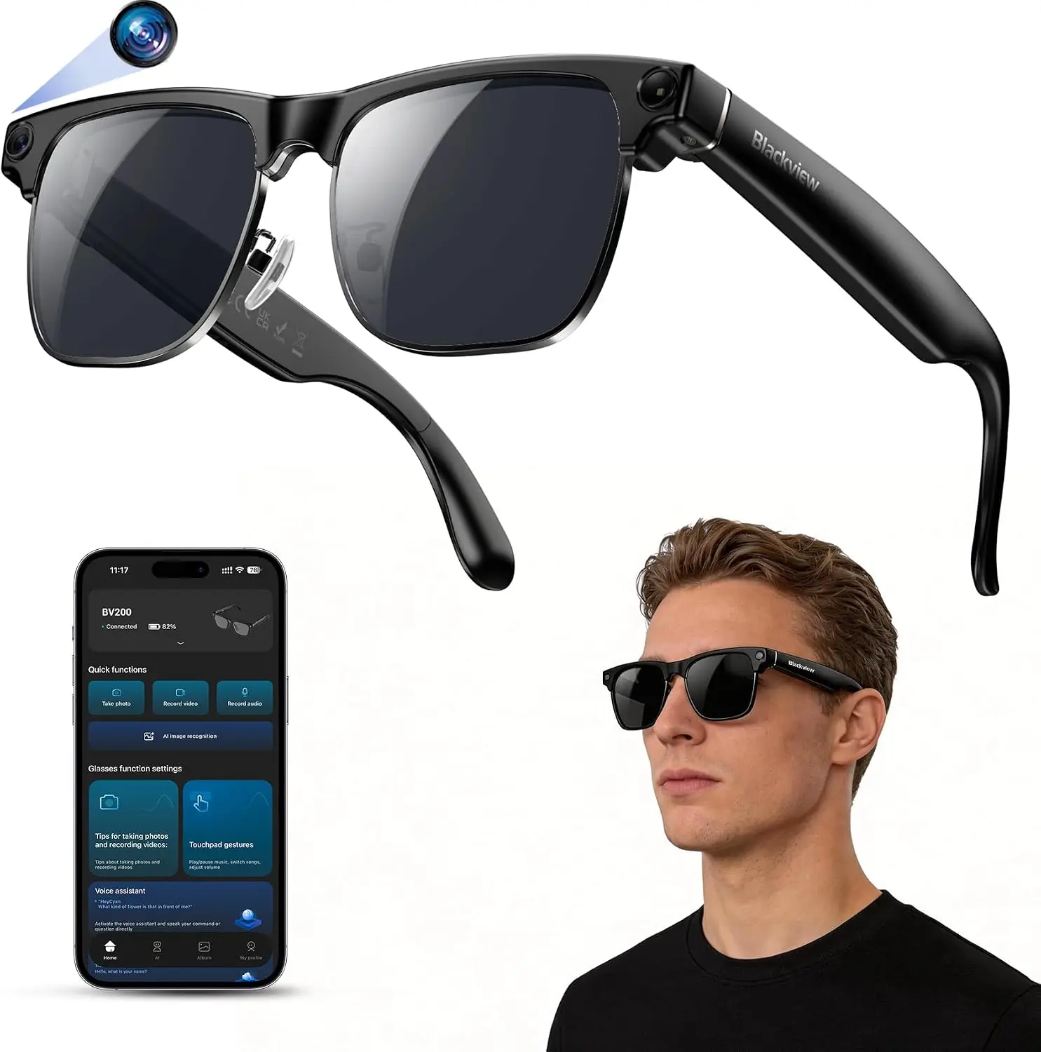 Blackview AI Smart Glasses with Camera, BT Call/Photo/4K HD Video Recording Glasses with Real-Time Translation, AI Voice Assistant, Object Recognition, Blue Light Blocking Graduated Lenses
