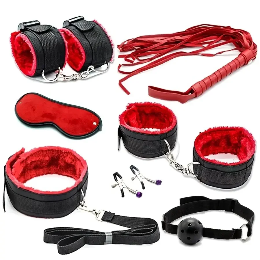 7pcs Bondage Kit Bed Restraints Set Wrist Ankle Cuffs Sexy Eye Mask Mouth Plug Sex Toys For Adult Party Supplies