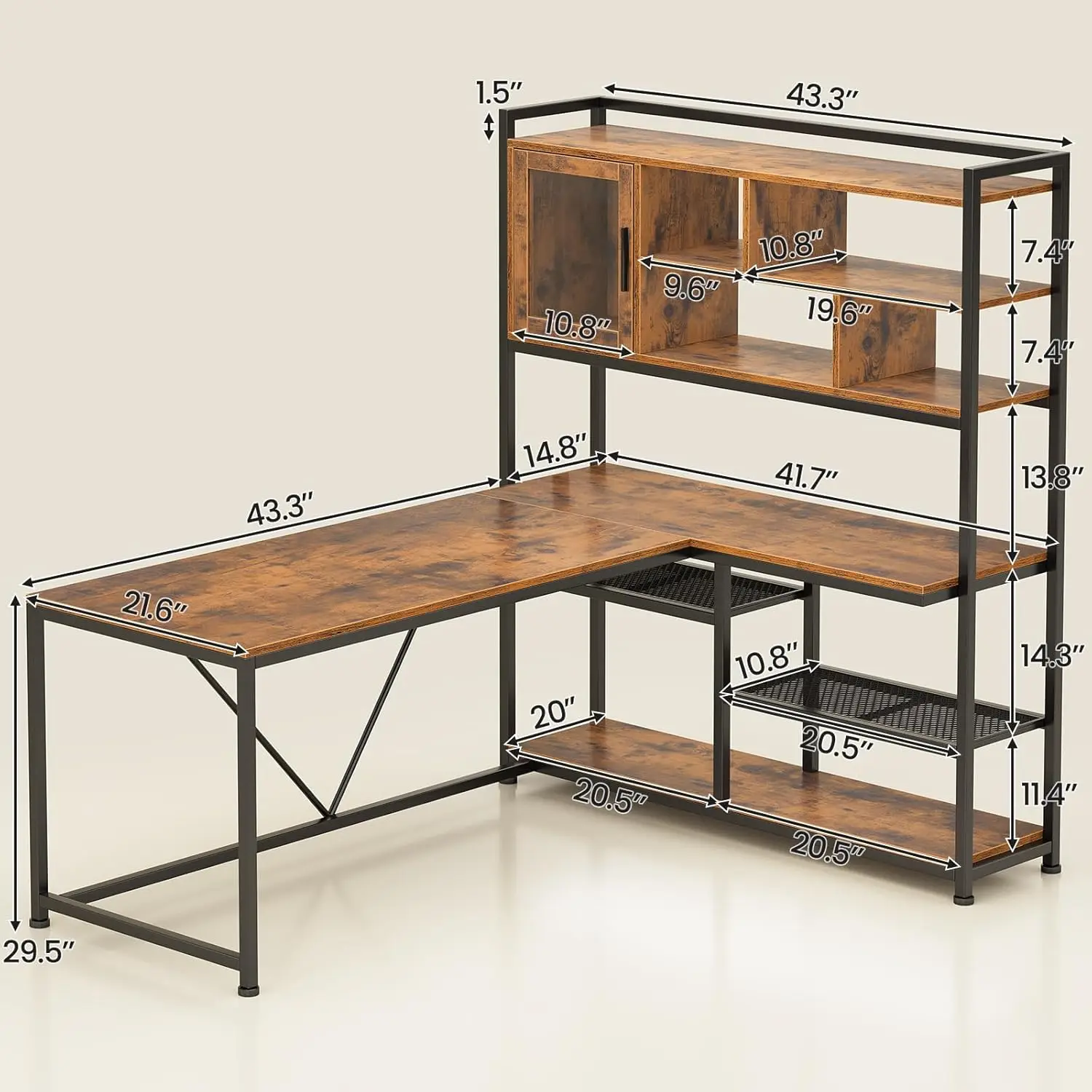 مكتب كمبيوتر على شكل حرف L، مكتب مكتب 58 بوصة مع ضوء LED ورف كتب، للمكتب المنزلي، مكتب ألعاب، مكتب L، بني ريفي #6