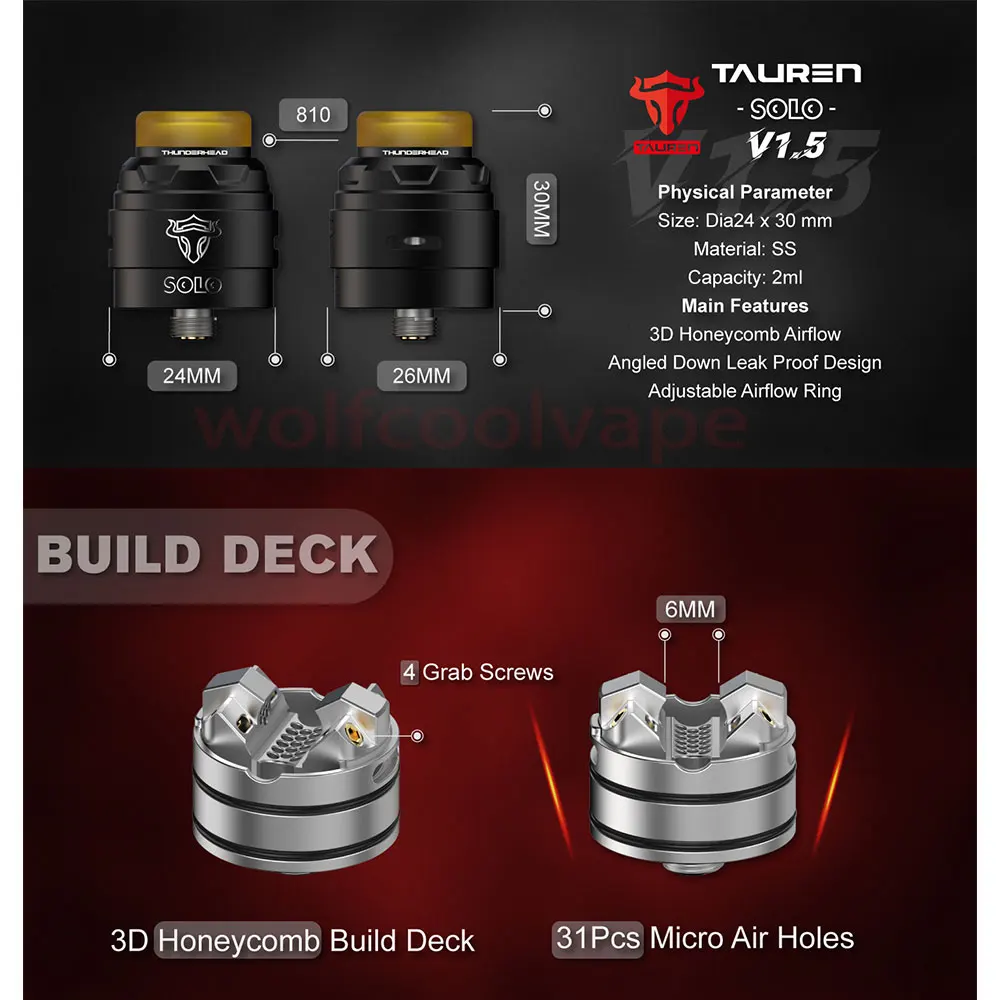 ThunderHead Creations Tauren Solo V1.5 RDA atomizador de 24mm RDA vape mtl rda atomizador de goteo reconstruible con Pin BF