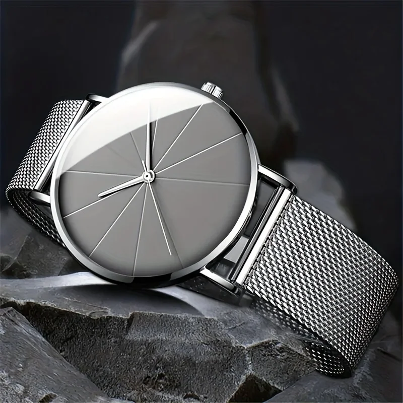 1pc Men\'s Fashion Ultra Slim Watch, Business Stainless Steel Mesh Belt Watch