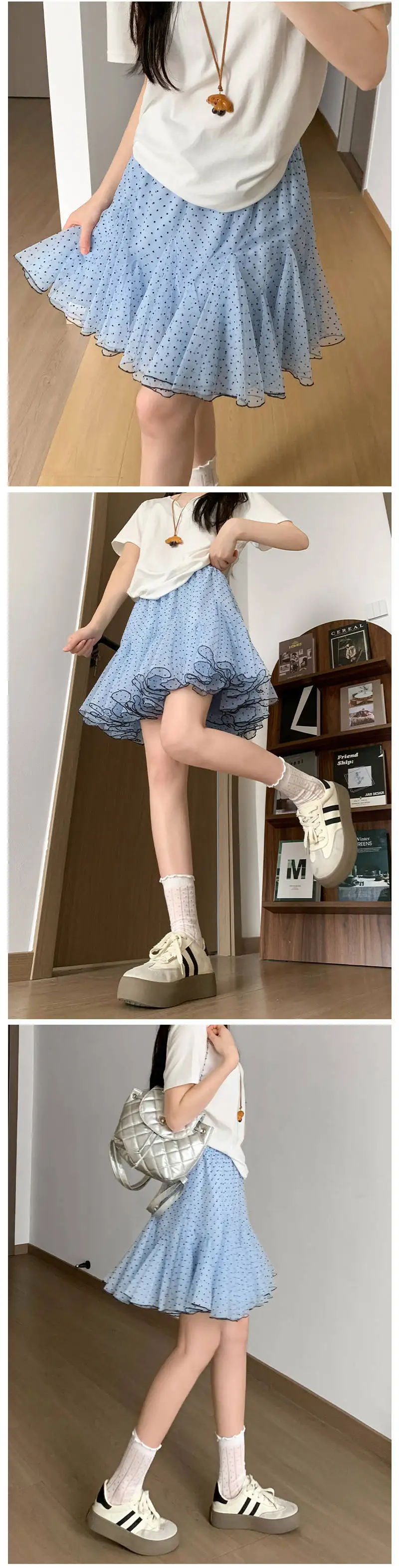 Polka Dot Mesh Cake Skirt Women Summer High Elastic Waist A-line Short Skirts for Woman Sweet Ballet Style Ruffles Puffy Skirt