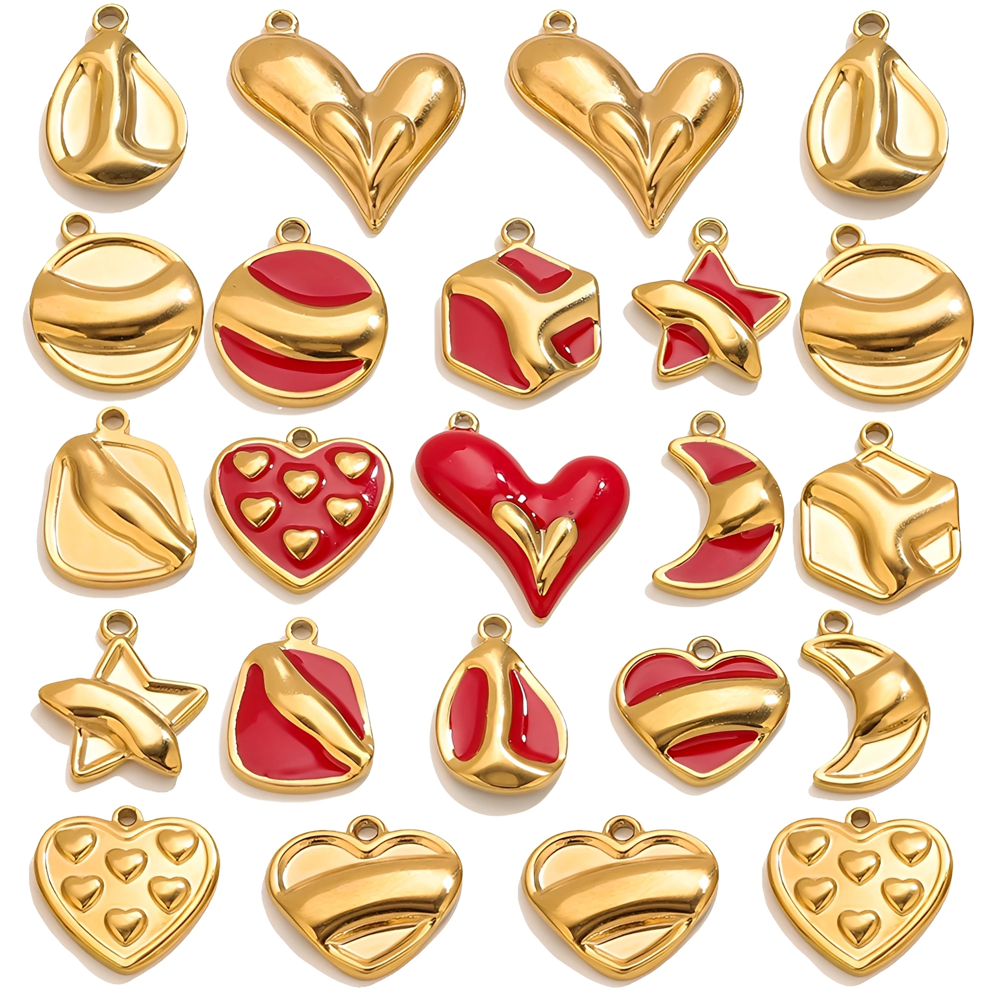 5 Stück Edelstahl-Charms, 18 Karat vergoldet, rotes Herz, Anhänger für DIY-Schmuckherstellung, Ohrring, Halskette, Armband, Großhandel