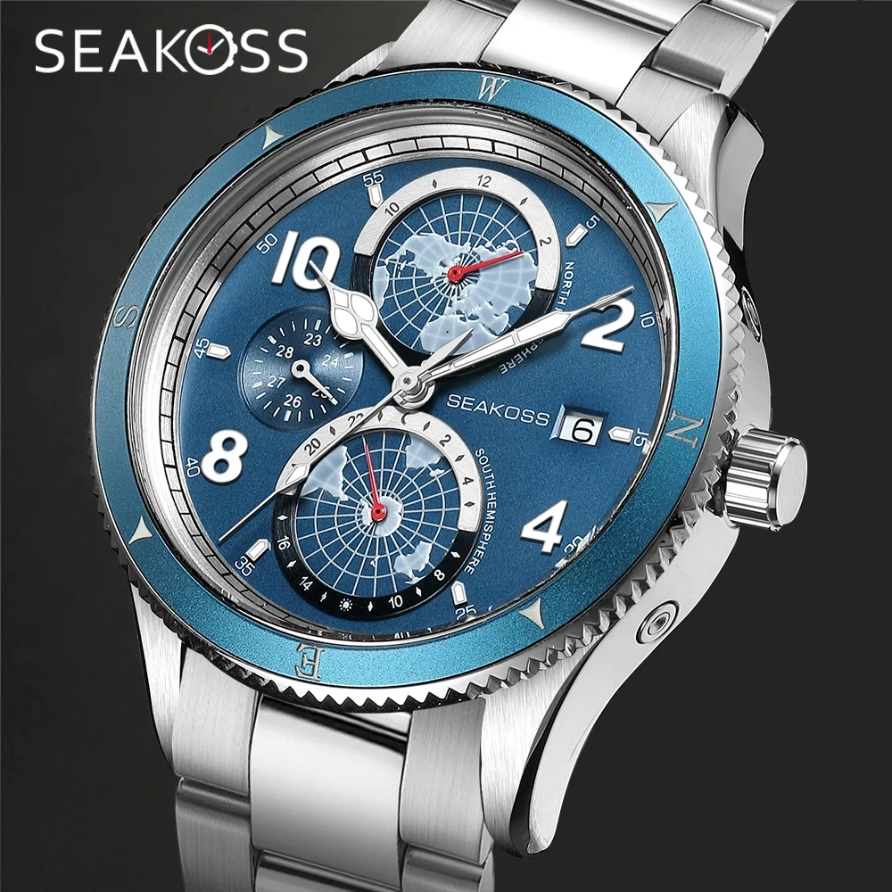 

SEAKOSS 10 бар мужские часы для дайвинга полностью автоматические механические часы год месяц 24-часовой дисплей FKM ремешок супер светящиеся наручные часы