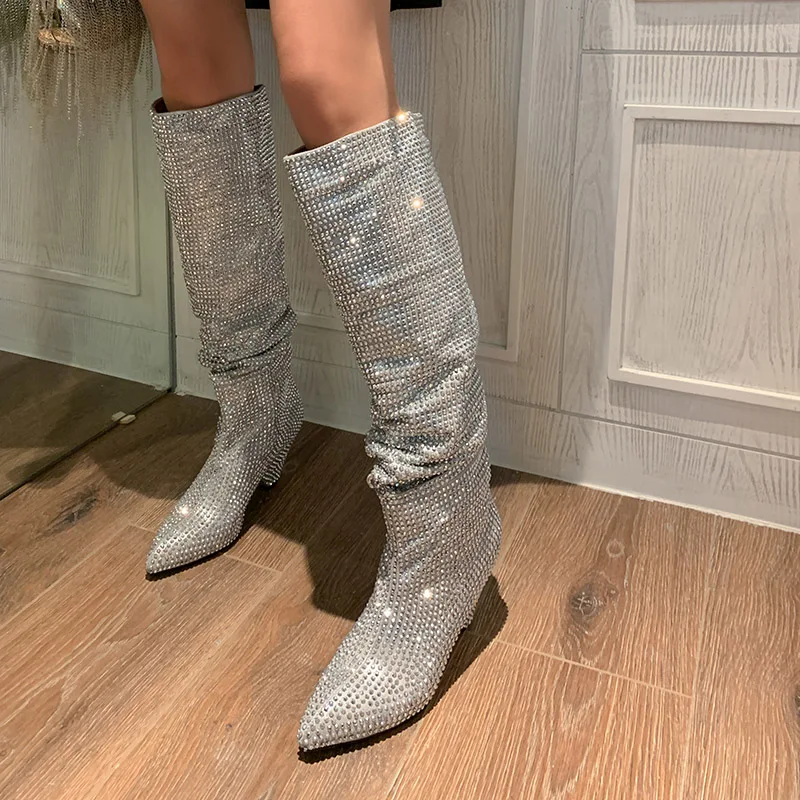 Phoentin Sexy Luxury Bling Silver Crystal Knee High boots Womens Designer Stacked Cowgirl Boots Rhinestone Glitter Shoes FT2859