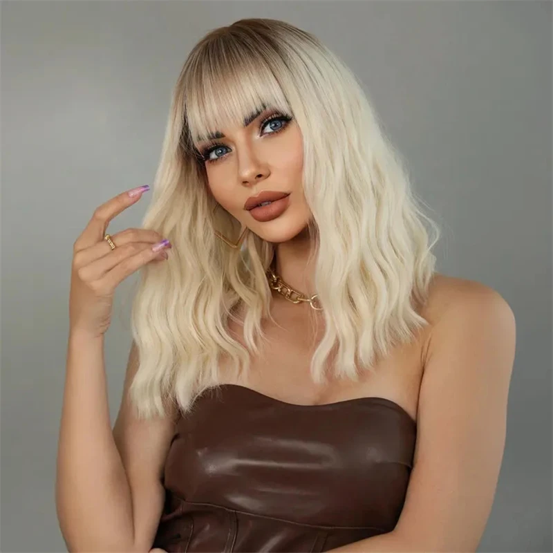 Short Ombre Ash Blonde With Bangs Highlight Synthetic Lace Front Bob Wigs Colored Ash Brown Wig Heat Resistant Hair For Women