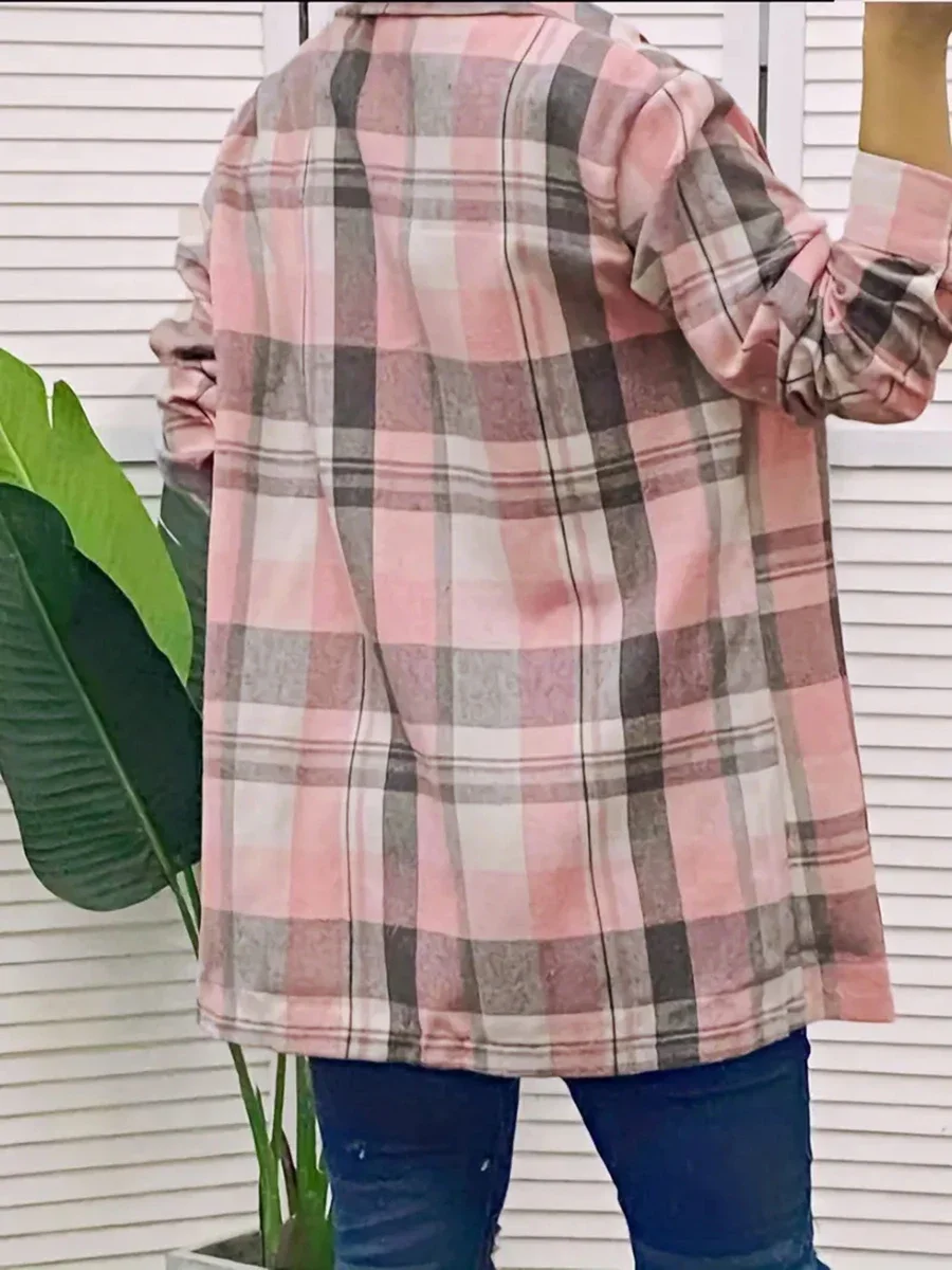 Y2K Damen-Karohemd, langärmelig, Bluse mit Knöpfen, lässige, lockere Oberteile, Oversize, rosa Karomuster, Streetwear, Herbst – Detail 3
