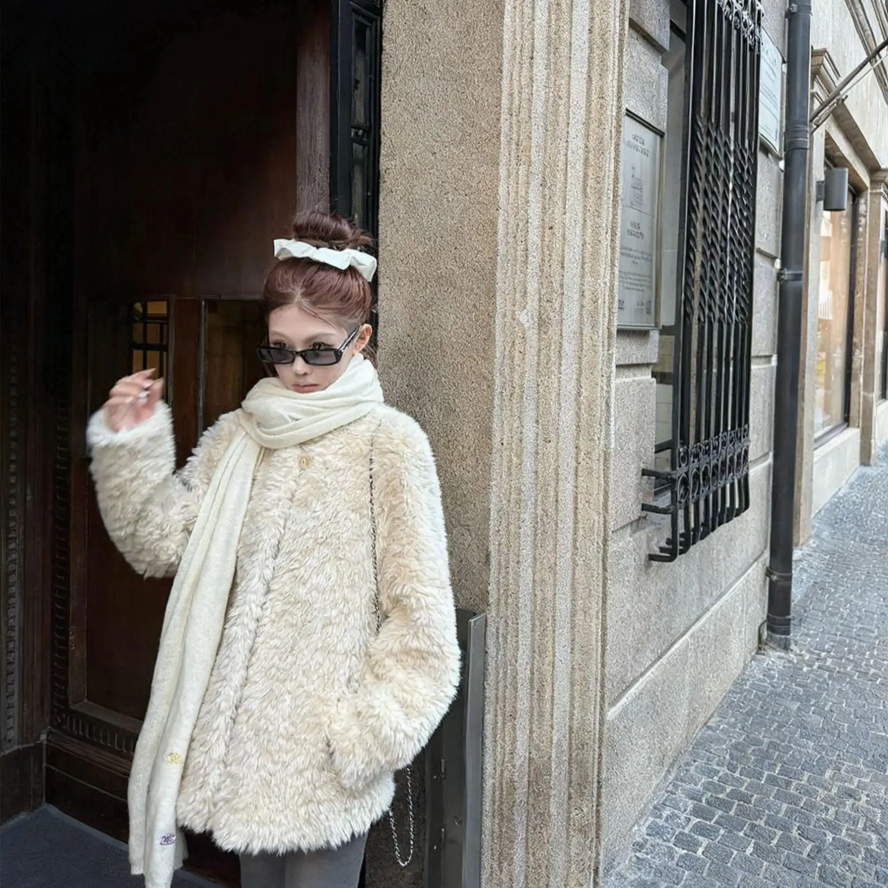 Women Faux Shearling Fur Coats Solid Fur Jackets Cotton Linen Stand Collar Long Sleeves Single Breasted Loose Casual 2026 Winter