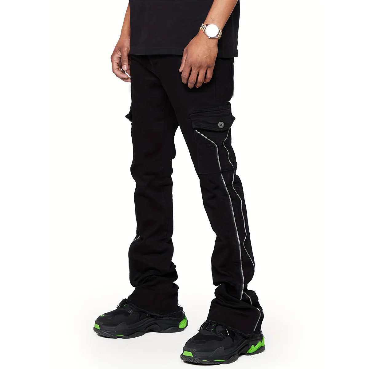 

New Arrival Spring Black Men's Stacked Jeans Side Zipper Spliced Baggy Denim Hip Pop Straight Sweatpants Male Outdoor Clothing