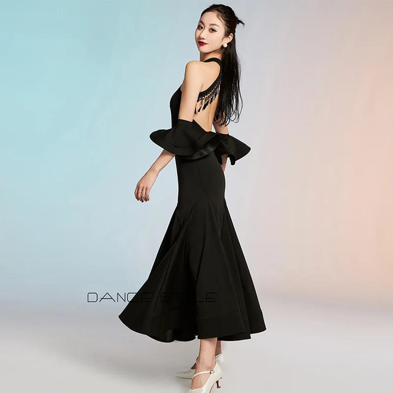 2025 neue Ballsaal Kleid Frauen Standard Modern Dance Kostüm Walzer Leistung Bühne Tragen Halter Schwarz Ballroom Dance Anzug 2582