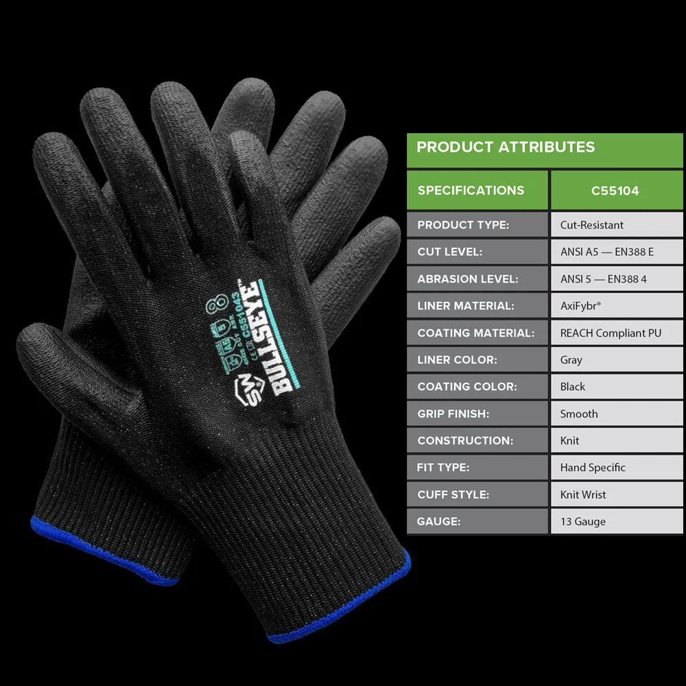 BullsEye Black Blade Cut Resistance Work Safety Glove, Palm Thin PU Coated, ANSI Cut 5, LightWeight, Abrasion,Grip, Breathable