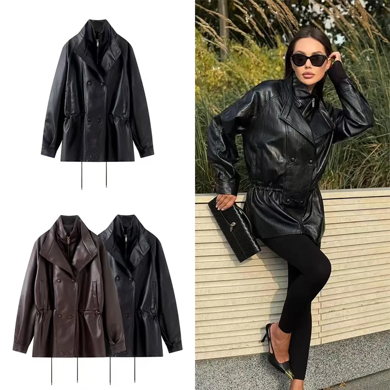 Guobioziy 2026 Autumn Retro PU Leather Jacket Women Double Breasted Drawstring Waist Slim Fit Moto Coat For Street Fashion