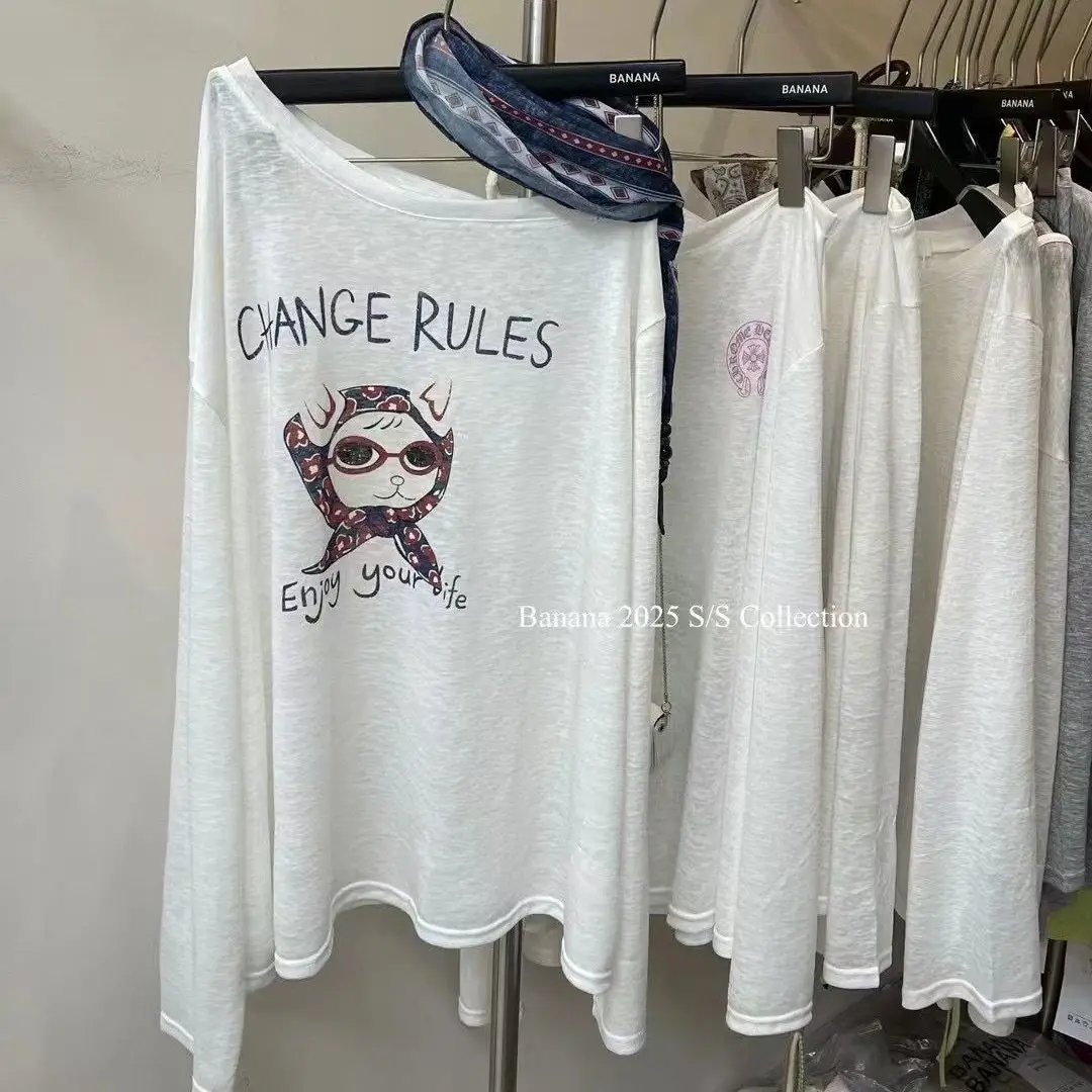 

SY'sYouthfully O Neck Loose T Shirts Women Long Sleeve Top Summer Thin Korean Lazy Style Cartoon Print Oversized Tops