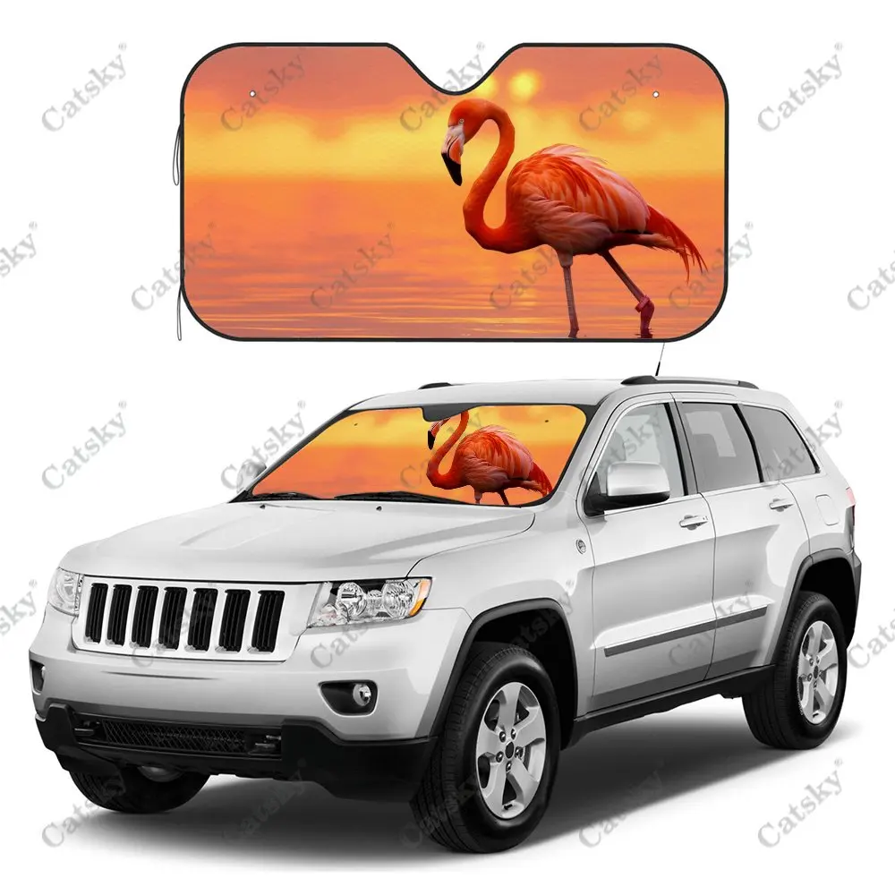 Sunset Shines on The Flamingo Print Car Windshield Sunshade, Auto Accessories Front Windshield Sun Visor Blocks Uv Rays Protect