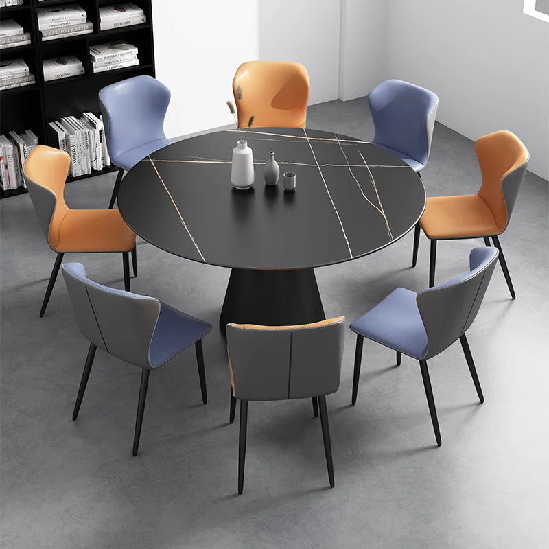 

Light luxury rock slab dining table and chair combination round table modern simple rock slab round small apartment with turntab