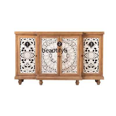 

American Retro Entrance Sideboard Solid Wood Carved Storage Cabinet Dining Room High Cabinet Home Living Room Wine Cabinet