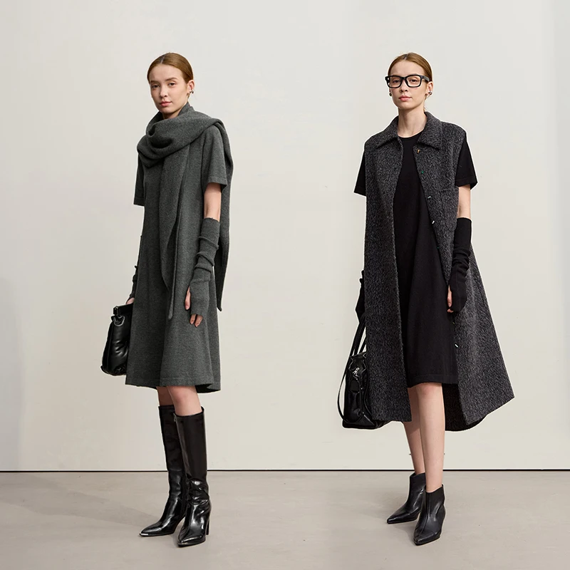 Amii Womens Dresses 2025 Winter New Minimalist Round Neck Loose Elastic Short Sleeves Knitted Wool Dresses For Woman 12544053