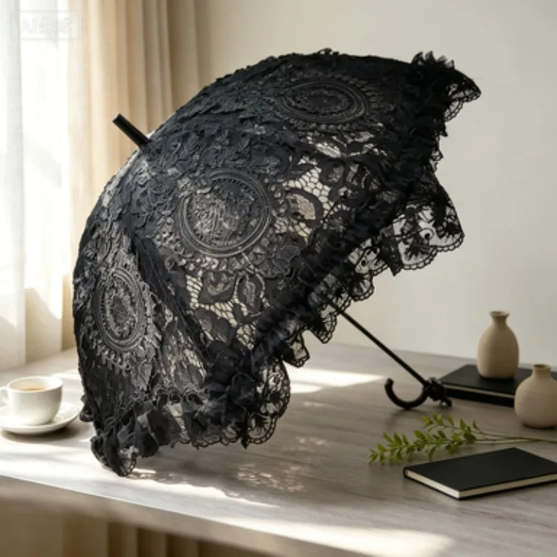 Handmade Vintage Long Handle Lace Parasol Elegant Original Lolita Umbrella Tea Party Cosplay Shooting Decor Fashion Accessory