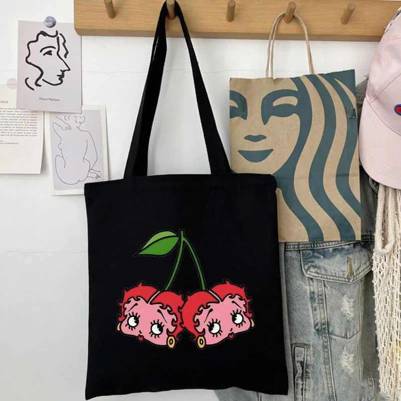 Cute Cartoon Girl Boops Oop Sexy Cherries Women Canvas Shoulder Tote Bag Handbag Eco Shopper Cotton Shopping Bag