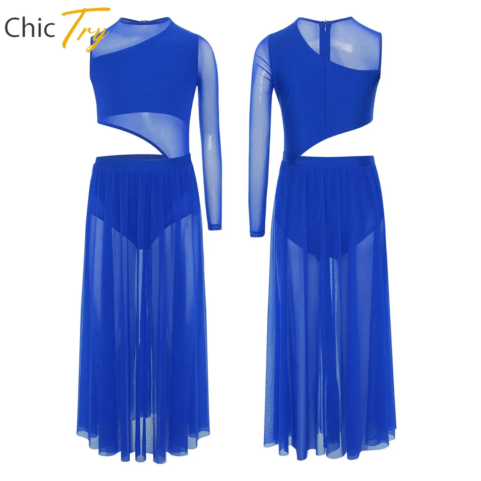 

Kids Girls Lyrical Dance Dress Asymmetrical Sides Split Sheer Mesh Skirted Leotard Modern Dance Costume Performance Dancewear