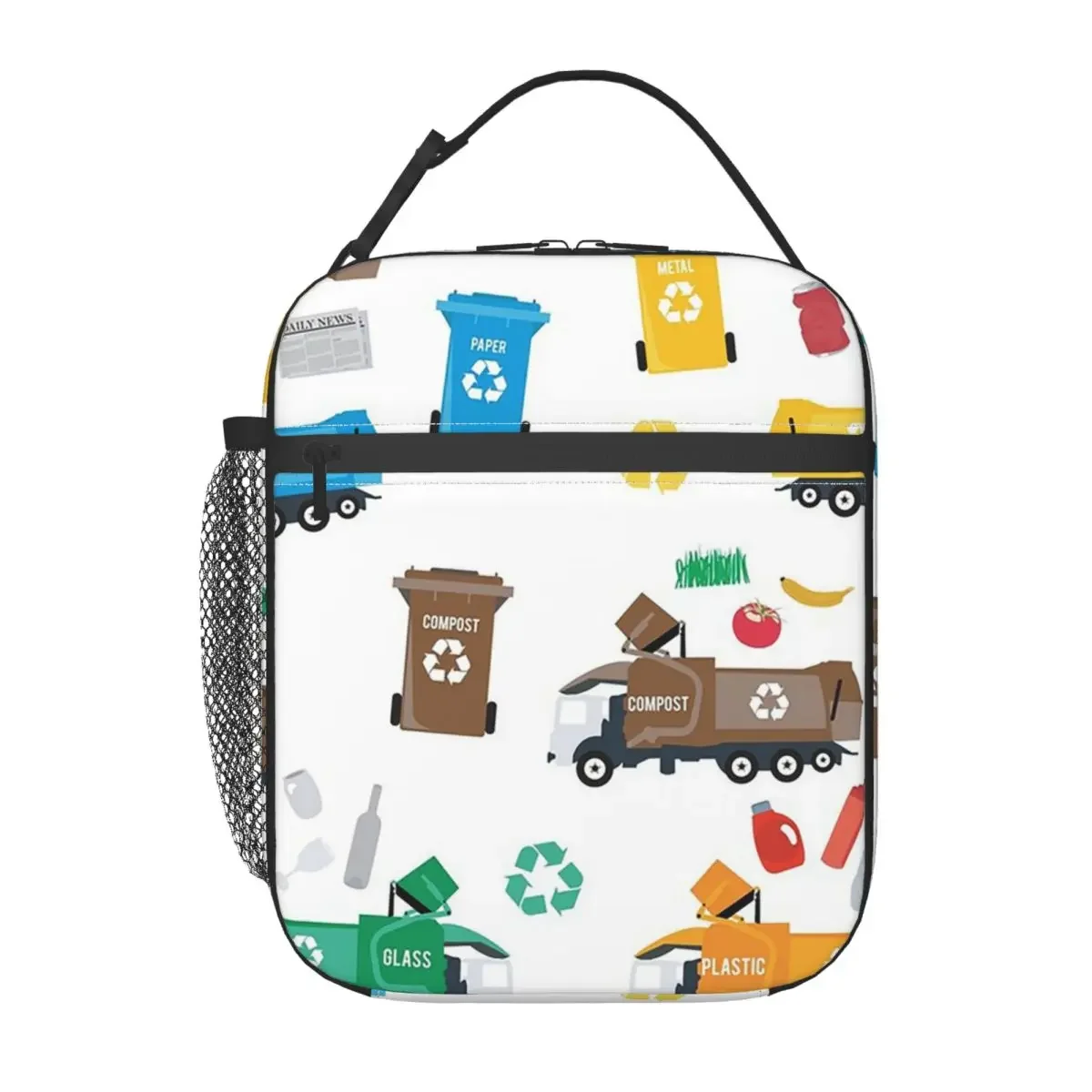 Colorful Recycling Garbage Trucks & Bins Insulated Lunch Bag for Women Kids Portable Food Boxes Thermal Lunch Box Tote