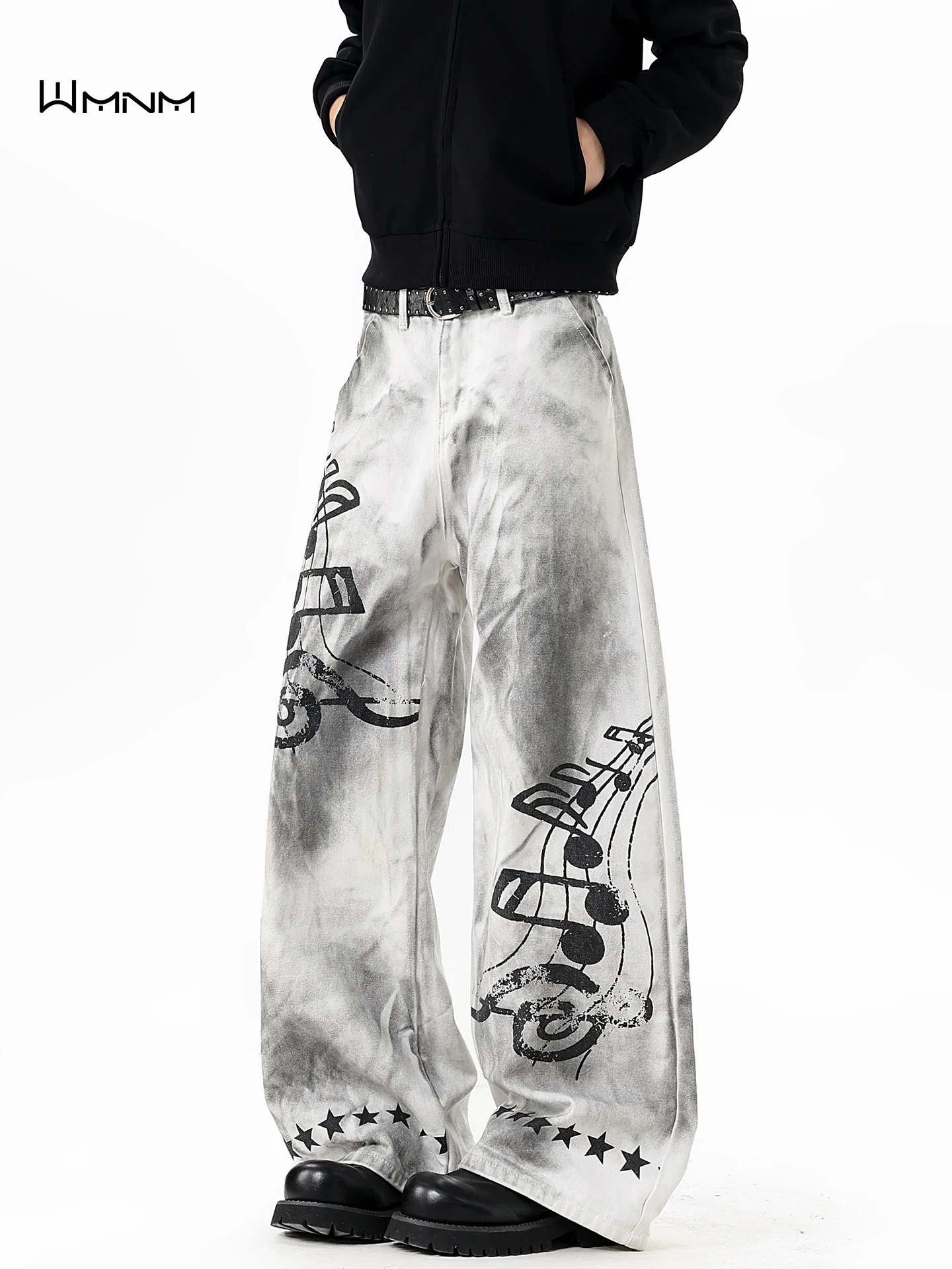 

Retro American Dirtied Denim Jeans Men's Autumn Winter Trendy Design Star Wa Straight Leg Knife Wide Leg Pants