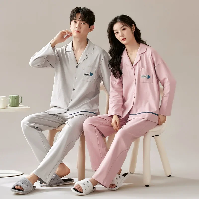 Autumn Couple Pajamas Sets Women\'s Autumn Cotton Men\'s Loungewear Long Sleeve Pants Set Sleepwear Front Button Lapel Casual Home