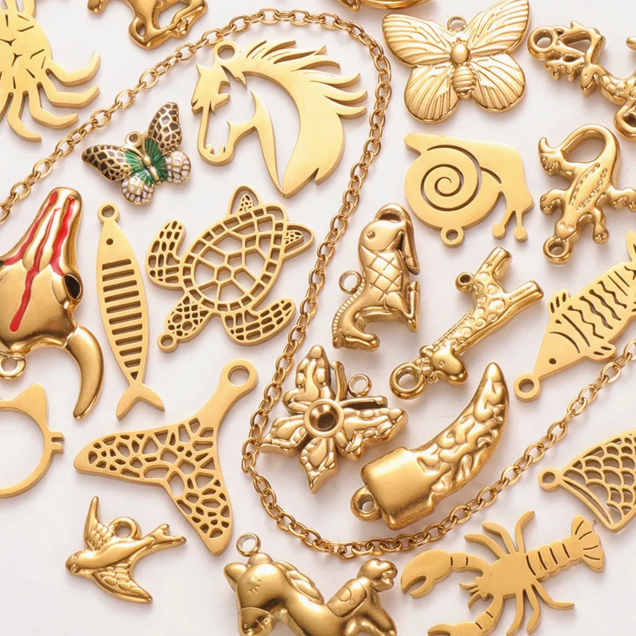 6 Stück modische Tieranhänger, Meeresschildkröten-Schwanz, Pferd, Edelstahl, Hummer, Vogel-Charms für die Schmuckherstellung, handgefertigte Schlüsselanhänger im Großhandel – Detail 2