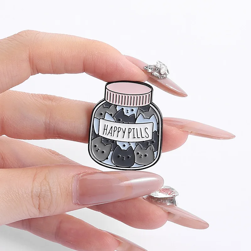 Cute Cartoon Cat Happiness Potion Bottle Enamel Brooch Creative Pawsitive Vibes Only Lapel Pin Badge Backpack Gift Kid Friend