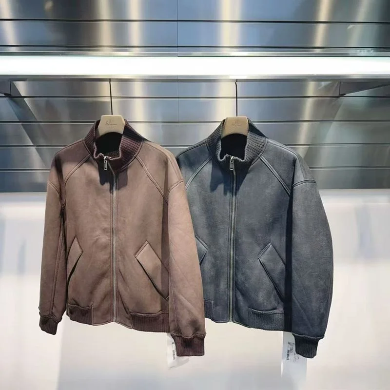 

Men's Winter Thiened Fce Lined Stand Collar Jaet Warm Sli American Retro Brand Faionable Thiened Outerwear