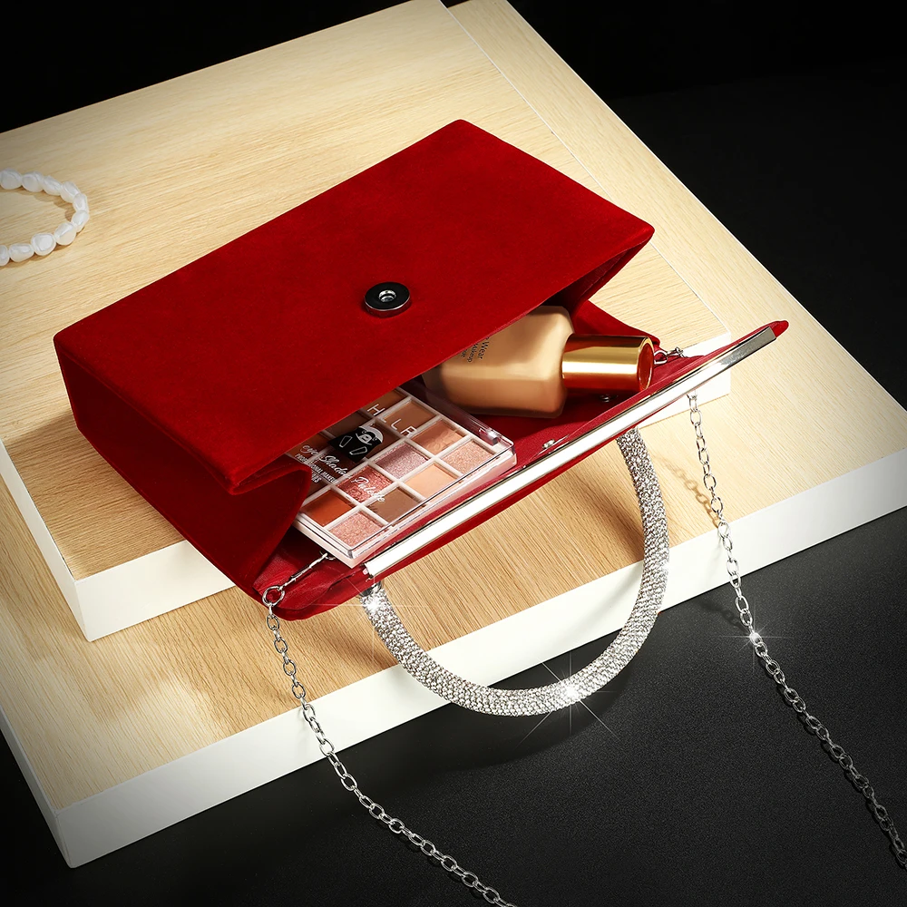 Nuevo bolso de mano con incrustaciones de diamantes de terciopelo rojo vino para fiestas nocturnas de mujer elegante y elegante pequeño cuadrado decorado con metal dre