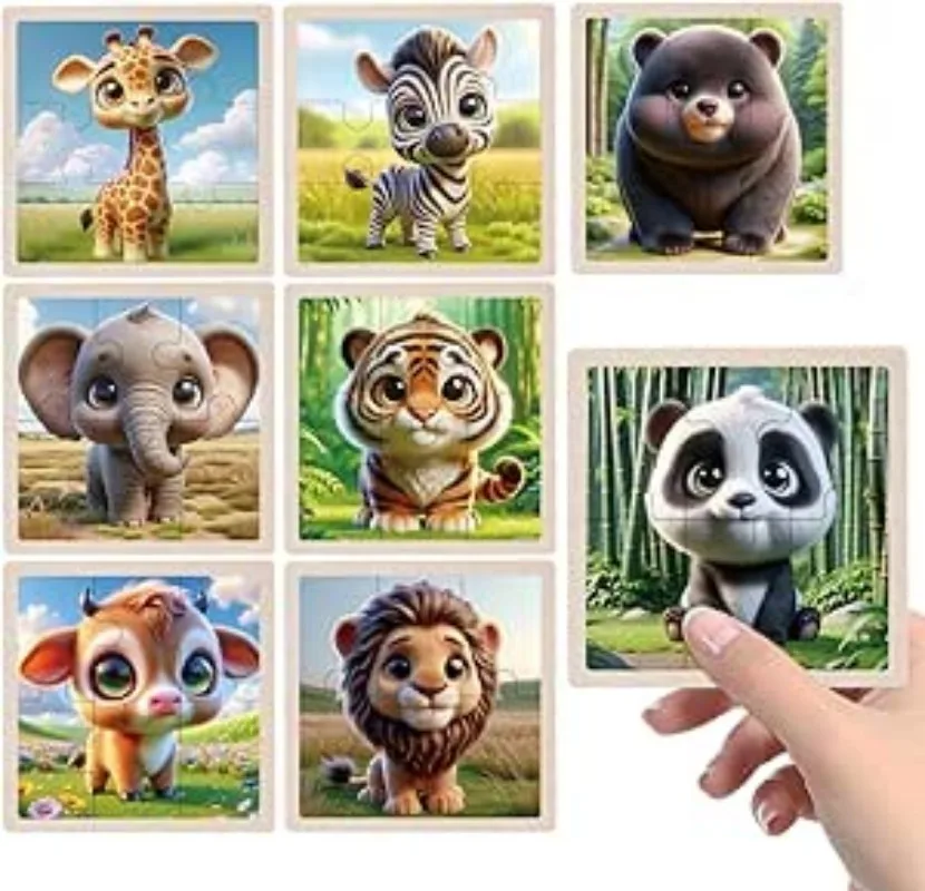 Baby Wooden 3D Puzzles Tangram Shapes Learning Educational Cartoon Animal Intelligence Jigsaw Wood Toys For 2 Years