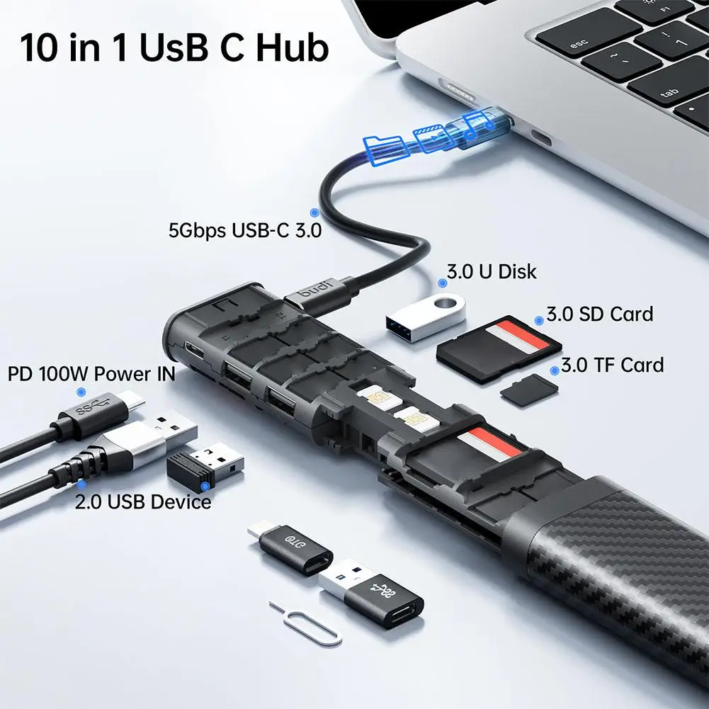 BUDI 10 IN 1 USB C 3.0 Hub Docking Station 5Gbps Data Transfer Card Reader SD TF SIM Card Storage Solt Phone Holder