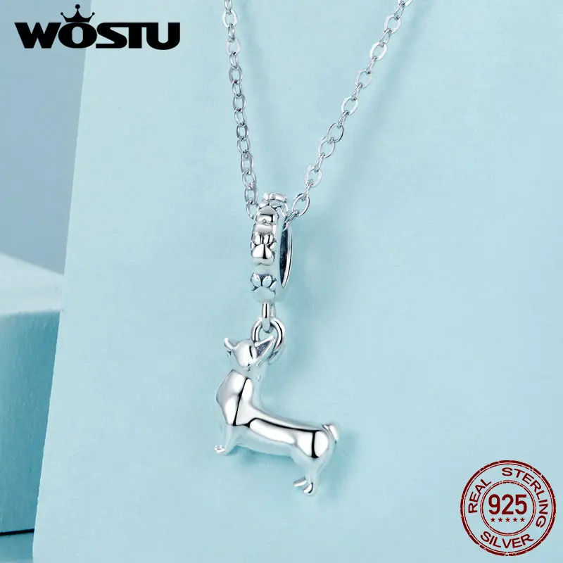 WOSTU 925 Sterling Silver Corgi Dog Charm Dachshund Pendant Fit Original Bracelet Necklace Special Girl Birthday DIY Gift