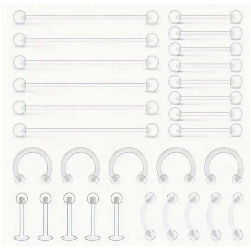 1/29Pcs Set Mix Style Clear Flexible Lip Ear Nose Septum Eyebrow Nipple Tongue Rings Retainer Horseshoe Industrial Barbell