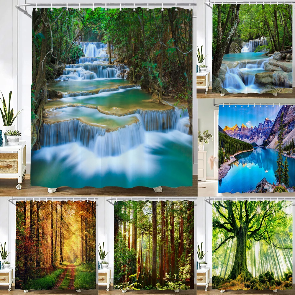 

3d Printing Green Forest Waterfall Shower Curtains Waterproof Bathroom Curtain With Hooks Bath Curtain 180*200 Polyester Fabric