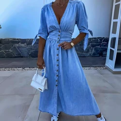 Women Dress Denim A Line Long Dresses V Neck Summer Lace Up High Waist Casual Loose Maxi Single Breasted Light Blue Vestidos