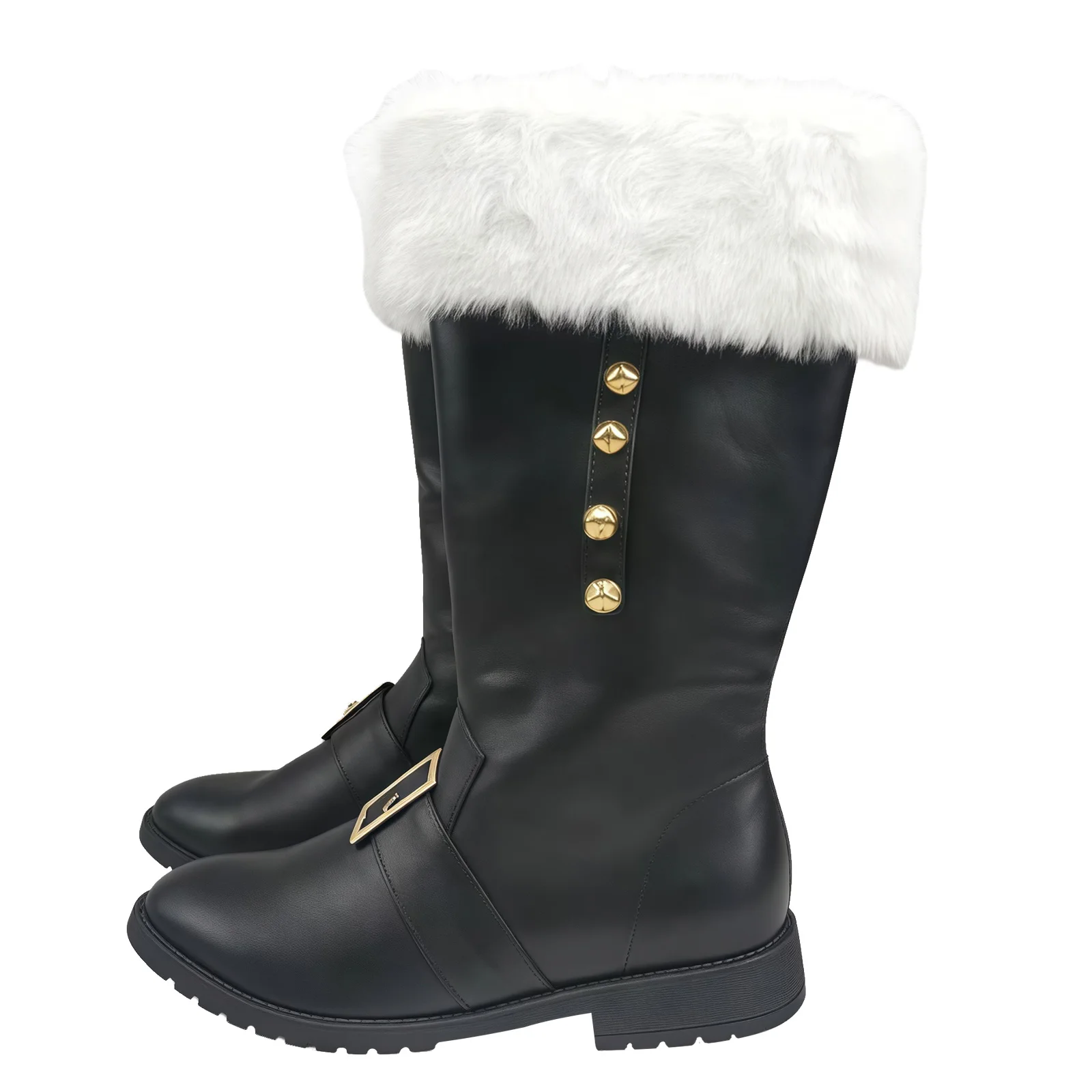 Bottes de saut de père Noël à mollet large pour hommes, poignets en peluche blanche, cloches de pied, sangle pour Noël
