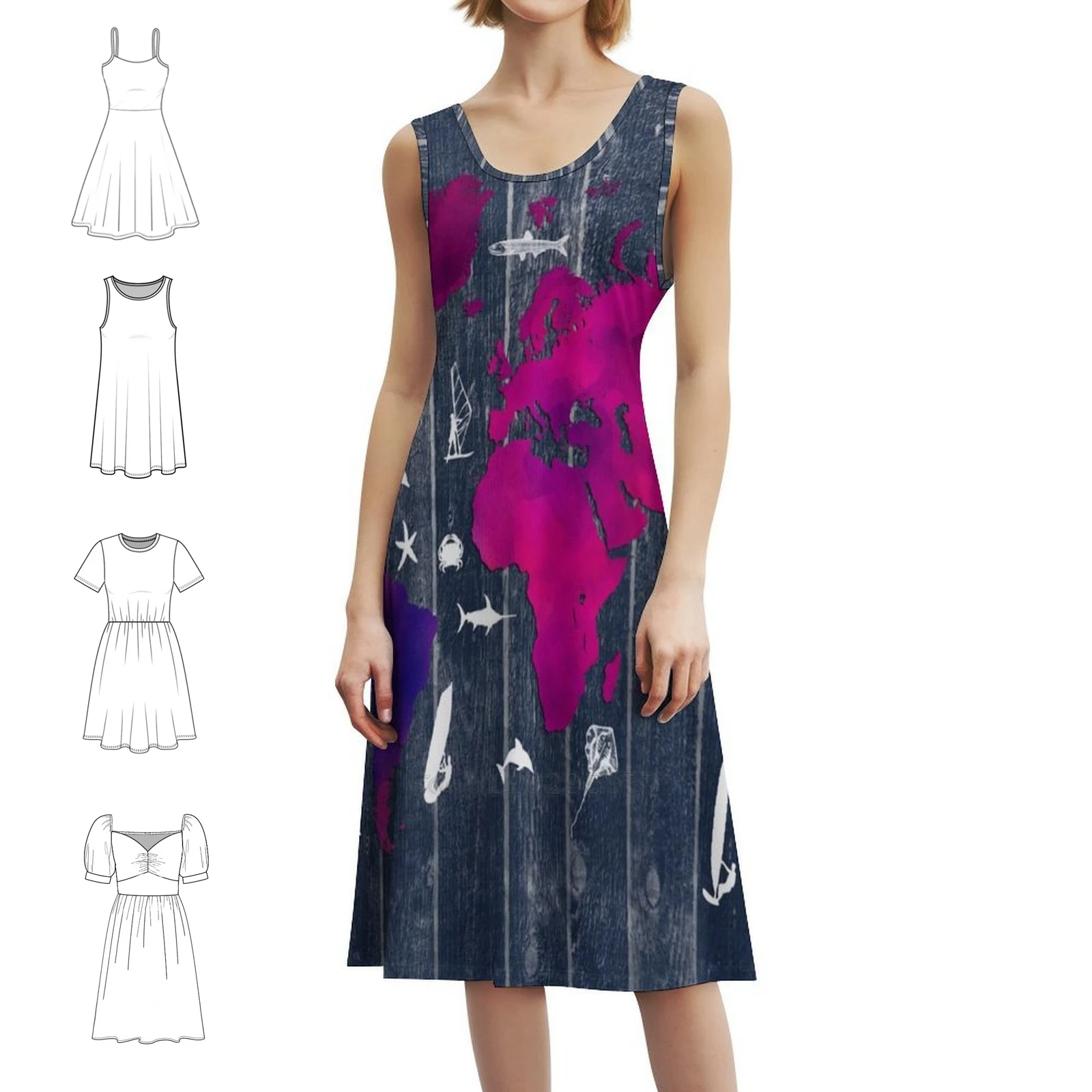 خريطة العالم 99 سمكة وركوب الأمواج # خريطة العالم # فستان على الطراز الكوري للنساء فستان كاجوال أنيق للحفلات أو خريطة الارتداء اليومي