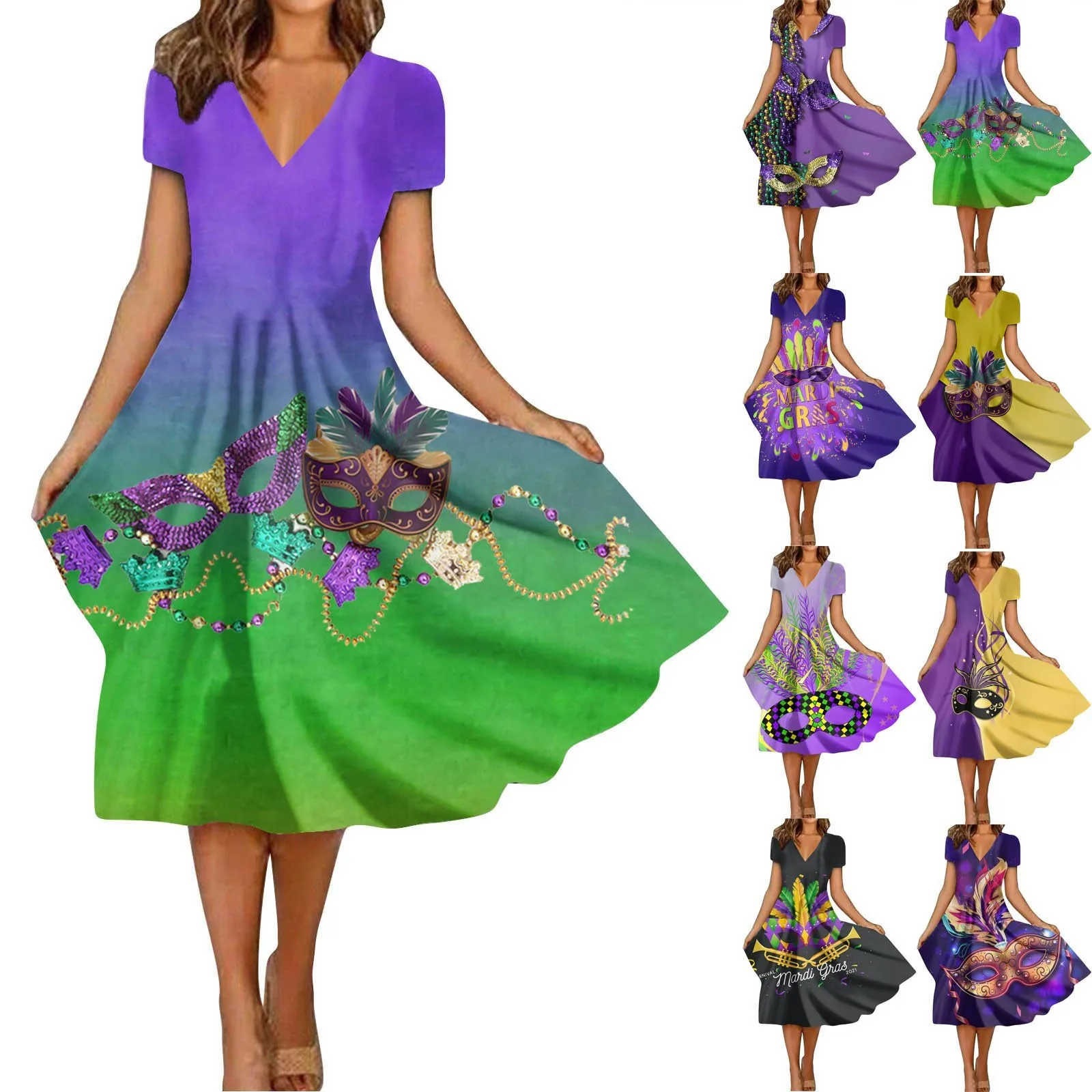 فساتين رسمية بطول الكاحل للنساء ، رقبة حرف V ، أكمام طويلة ، كرنفال مطبوع ، فساتين رسمية للفتيات