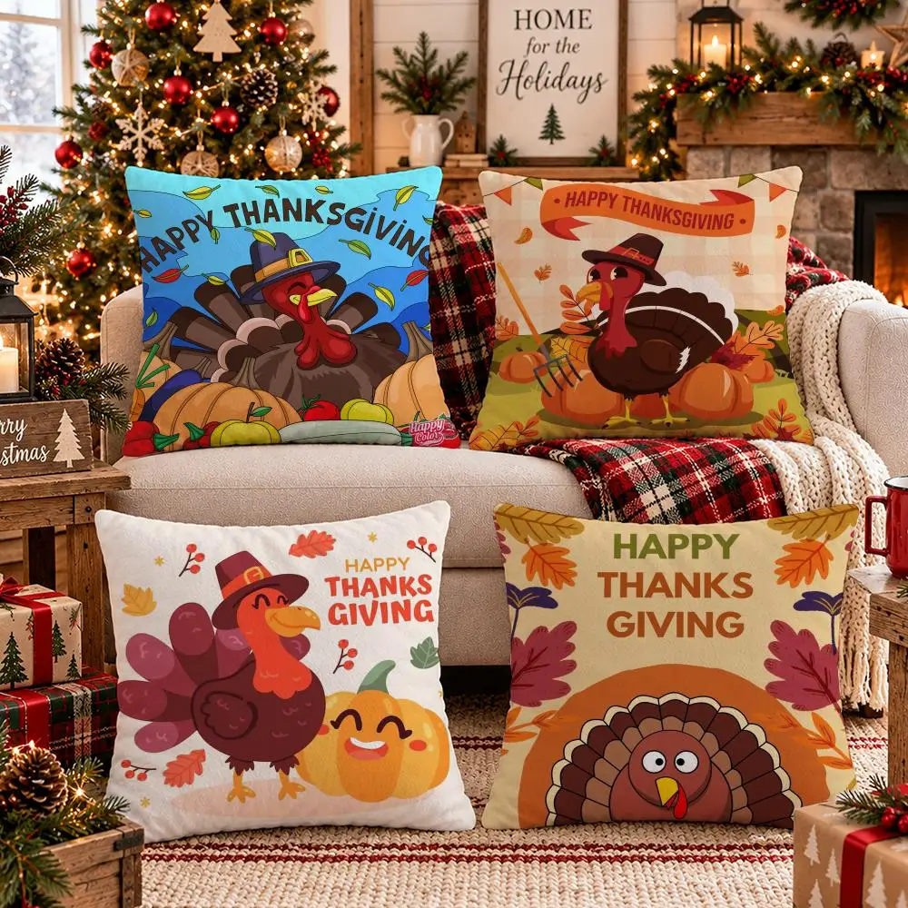 Thanksgiving Turkey Cushion Cover Soft Plush Sofa Cushion Cover Double-Sided Printed Decorative Pillow Case Warm Home Gift
