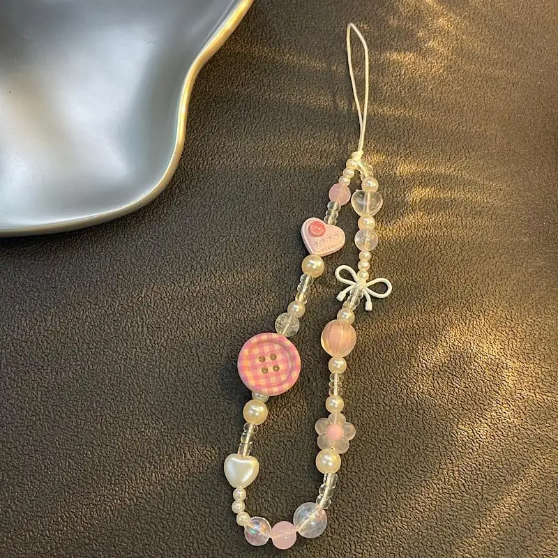 Cute Korean Pink Button 3D Beaded Phone Lanyard Anti-Lost Universal Wrist Phone Chain for Women Fashion Accessory view 3