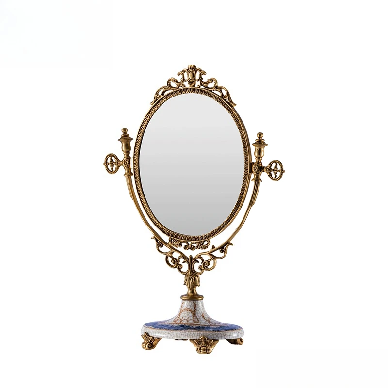 

European retro bronze mirror French desktop vanity mirror ornament luxury vanity table hand-painted ceramic flower vanity mirror