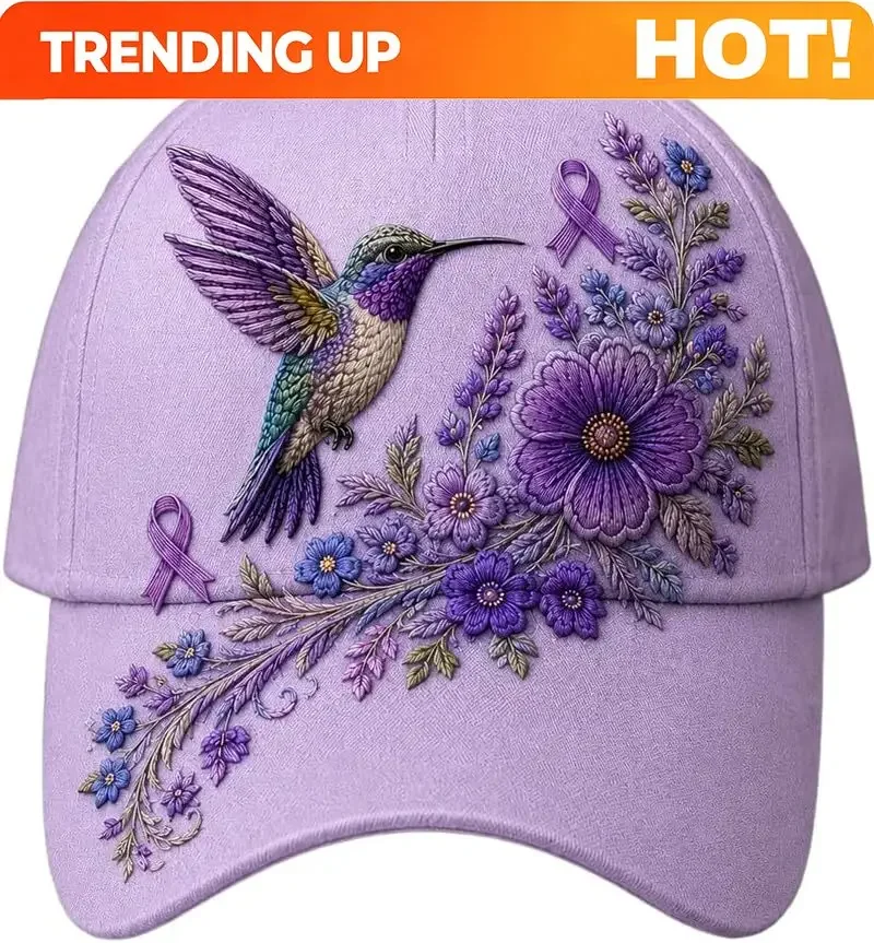 Unisex Purple Floral Hummingbird Print Alzheimer's Awareness Support Hat Floral Purple Ribbon Pansy Hat