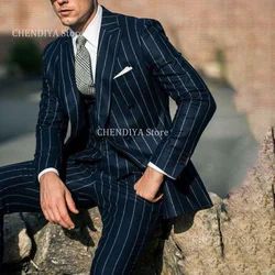 Formal Striped Men Suits Handsome Peak Lapel Double Breasted Outfit Formal Evening Party Business Suit 3 Piece Jacket Vest Pants