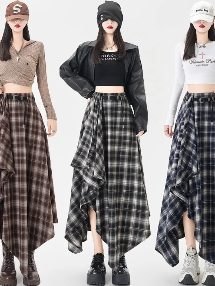 레트로 커피 컬러 체크 무늬 비대칭 A라인 스커트 여성용 가을 겨울 하이웨이스트 슬림 미디 우산 스커트