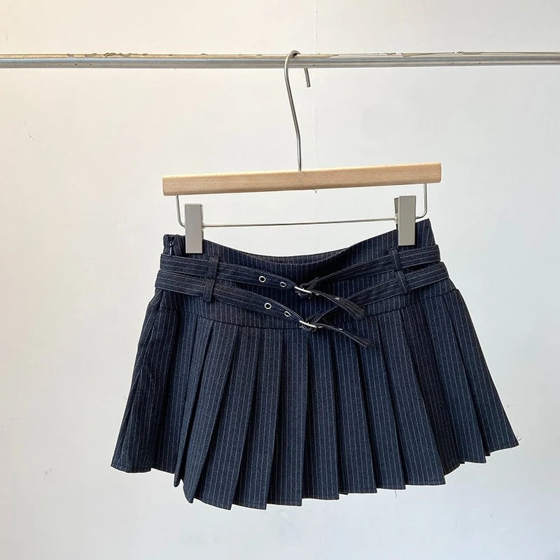 Striped Pleated Skirt Y2k Mini Ropa Mujer 2026 Spring New Skirts Japan Hot Girls A-line Faldas High Street Double Belt Roupas